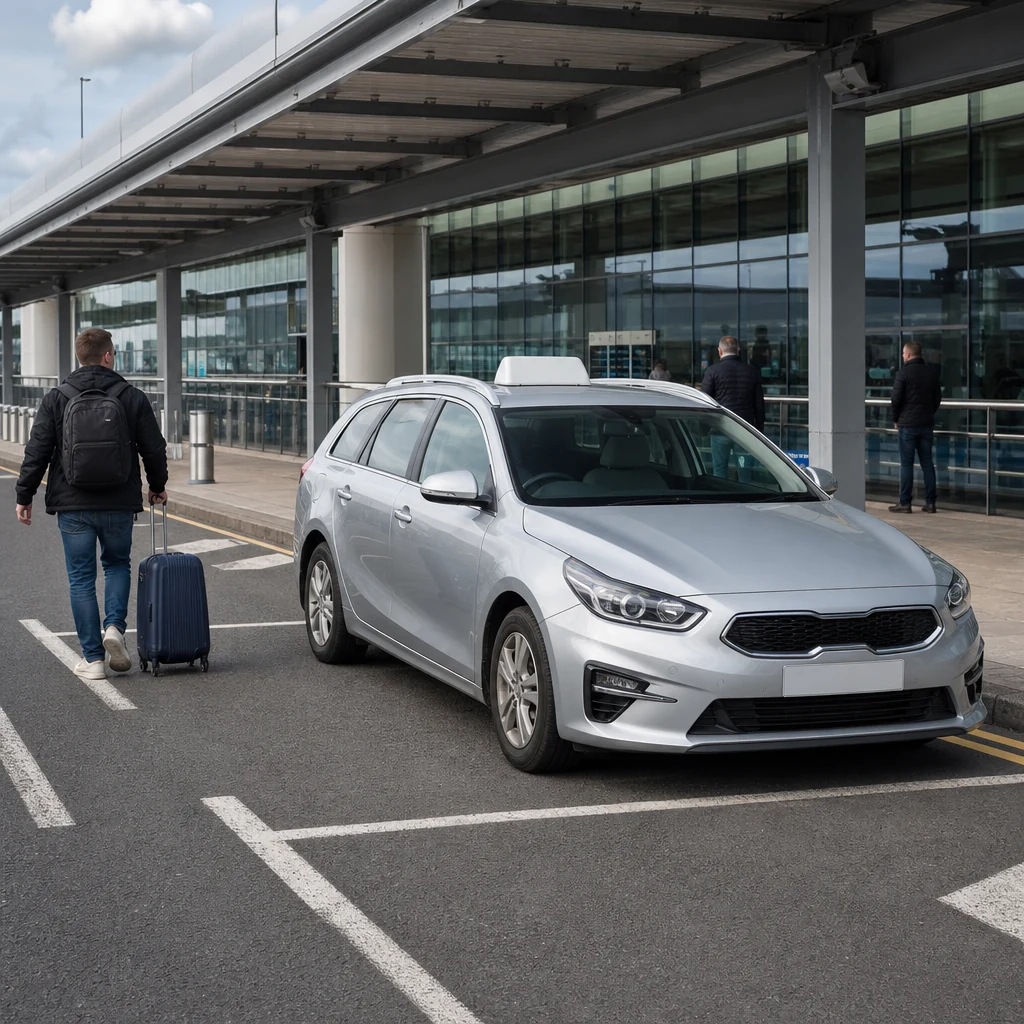 Passenger approaching a silver estate taxi at an airport pickup kerb.