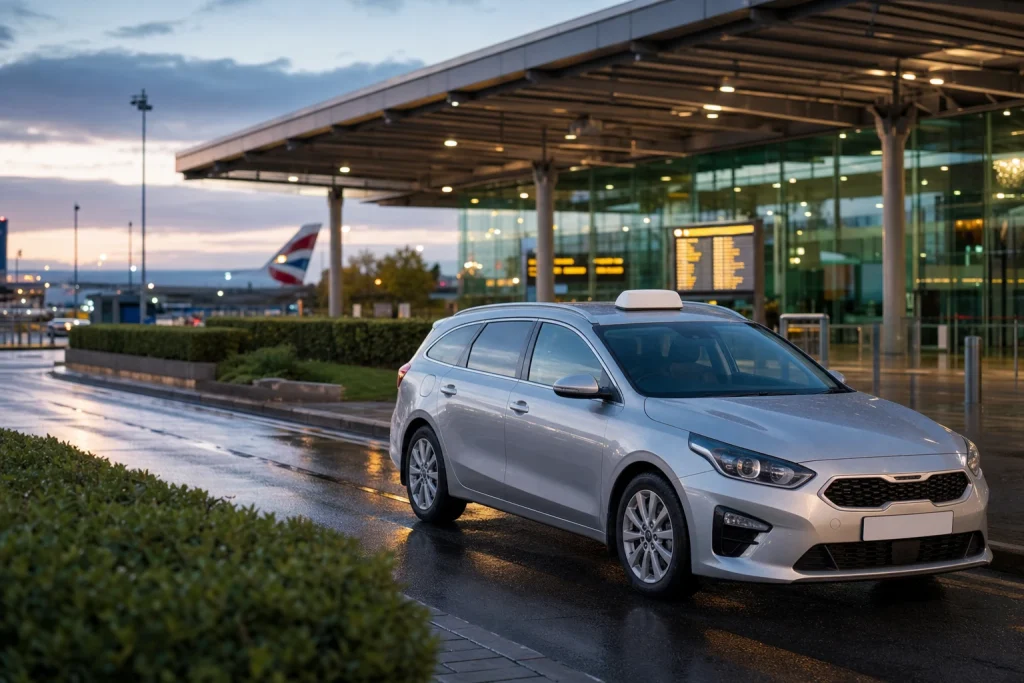 Silver estate taxi waiting at a generic airport drop-off lane.
