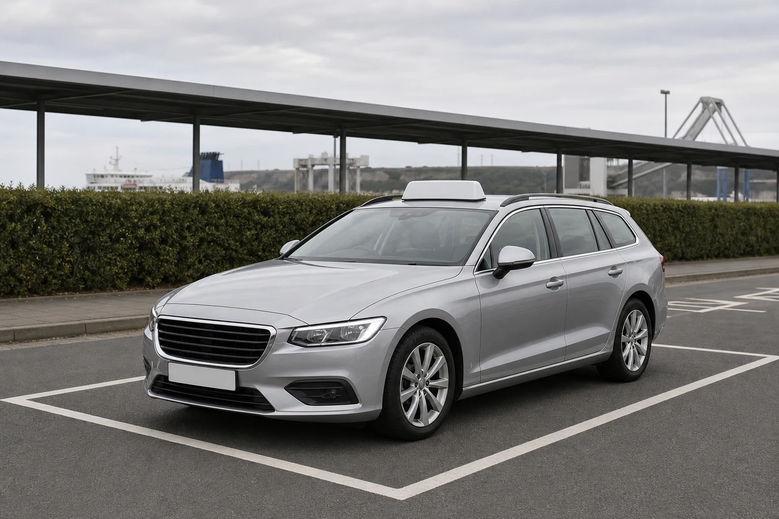 Silver estate taxi waiting in a ferry terminal pickup bay.