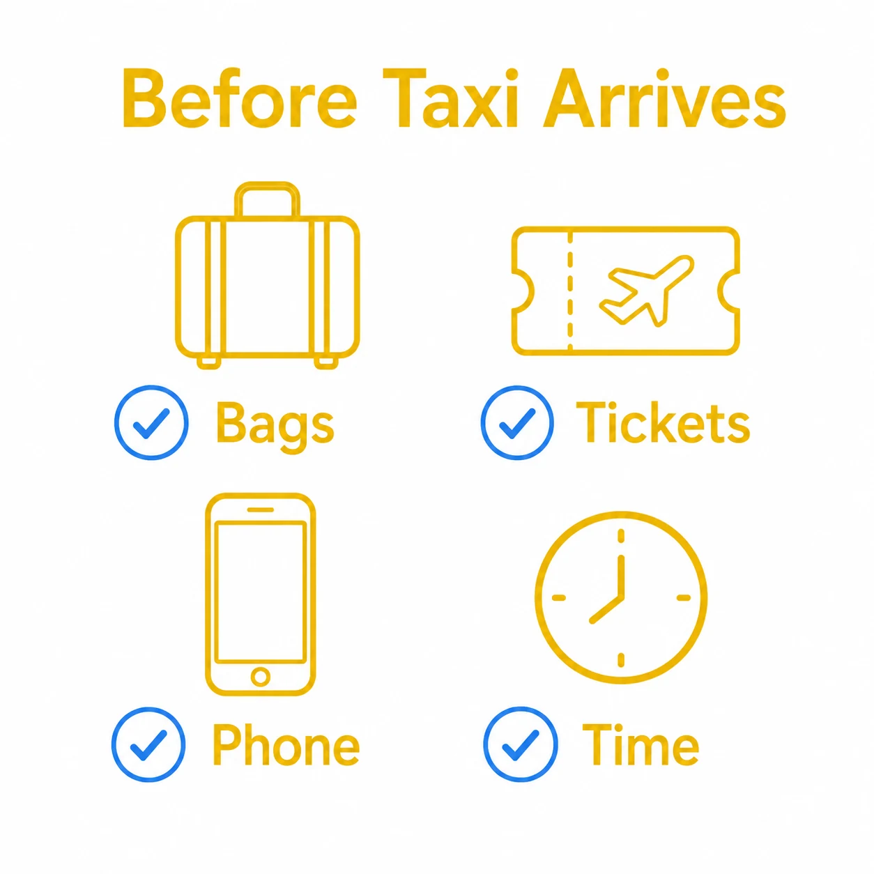Checklist for bags tickets phone and pickup time.