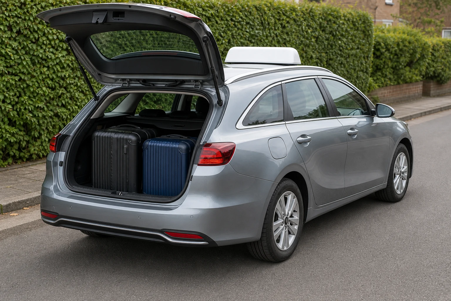 Suitcases loaded neatly into a silver estate taxi.